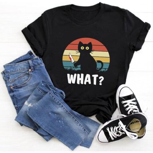 What Lift Knife Cat Womens Short Sleeve T-shirt Harajuku Y2k Aesthetic Graphic T Shirts All Neon Store Clothes Manga Unif Top