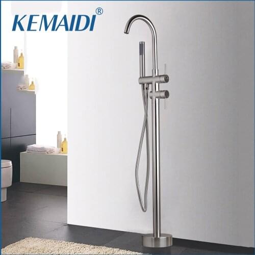 KEMAIDI Nickel Brushed Bathroom Solid Brass Floor Standing Tub Shower Faucet Set with Hand Shower Dual Handles Bathtub Filler