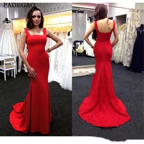 Red Evening Dresses Mermaid Square Collar Long Party Dress Stain Floor Length Sweep Train Ruched Evening Dress For Woman