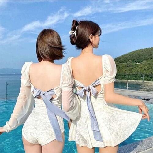 Korean Swimsuit Women 's One- Piece Dress Super Fairy Sweet Cute Fresh and Conservative Slimming Velvet Vacation