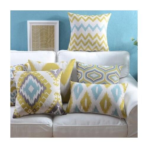 Linen Pillow Cover Vintage Yellow Blue Ikat Geometric Cushion Cover Nordico Style Home Decorative Pillow Case 45x45cm/30x50cm