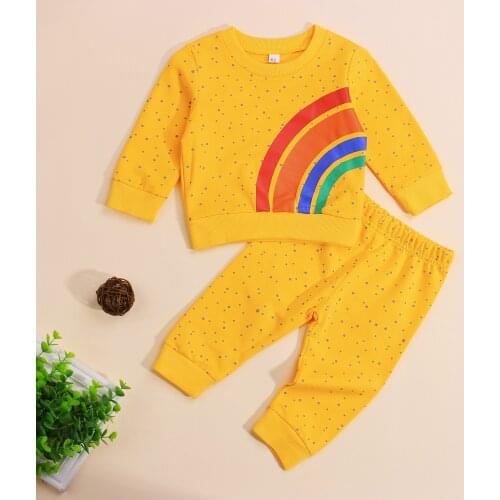 2021 Girls Dot Print Clothes Set, Rainbow Print Long Sleeve O-neck T-shirt + Elastic Waist Trousers