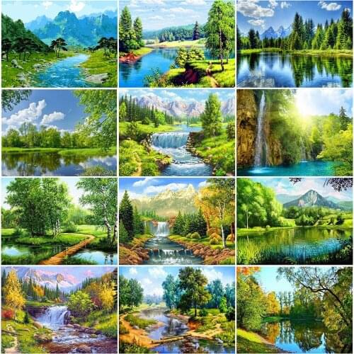 MomoArt 5D Diamond Painting Spring Full Drill Square Diamond Embroidery Tree Rhinestones Mosaic Lake Cross Stitch Home Decor