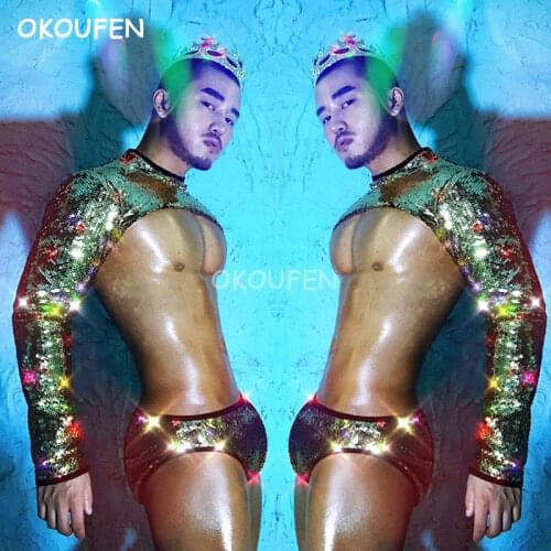Nightclub Bar Male singer DS Colorful Gold Sea shinny sequins dance outfit Sexy Party stage show Otsuka Half Costumes