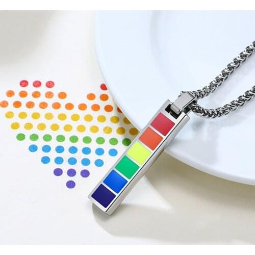 Personalized Stainless Steel Rainbow Gay Lesbian Pride Square Pendant Necklace for Men Women