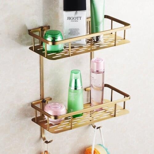 Bathroom Shelves 2 Tier Black Brass Kitchen Bathroom Shelf Towel Hook Shower Storage Basket Home Deco Accessory Rack HJ-824