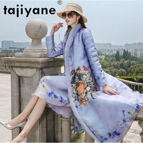Tajiyane Womens Winter Down Jacket White Duck Down Real Rex Rabbit Fur Collar Pakas Woman Natural Silk Long Coats Casaco TN1161