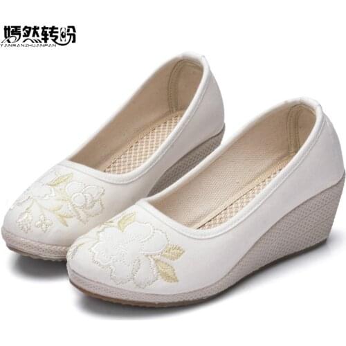Women Pumps Chinese Linen Shoes Retro Simple Embroidery Cloth Canvas Wedges Heel White Shoes Woman Platforms Zapatos Mujer