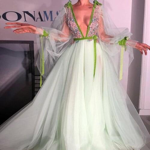 Green Evening Deep V Neck Long Puff Sleeve Prom Dress платье Ruffles 3 D Flower Ball Gown with Sash Luxury robes de soirée