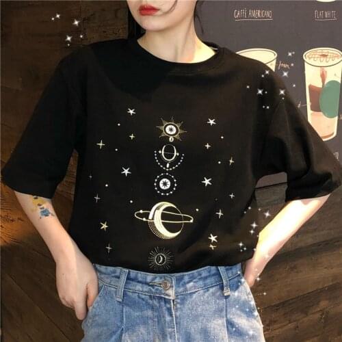 Star embroidery Tee Shirt Femme korean Kawaii T Shirt Women Funny Short Sleeve T-Shirts harajuku white Black Tops Female
