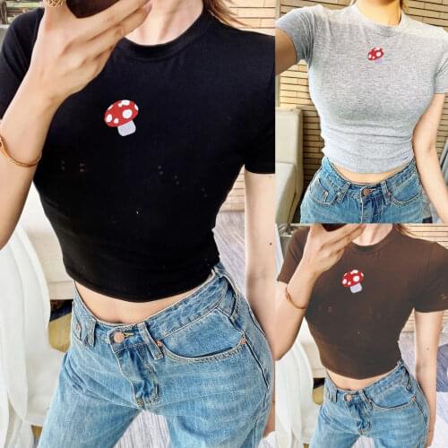Women Casual Stylish Crop Top Mushroom Embroidered Short Sleeve O-Neck T-Shirt Summer Wild Classic Style Slim Fitting Shirt