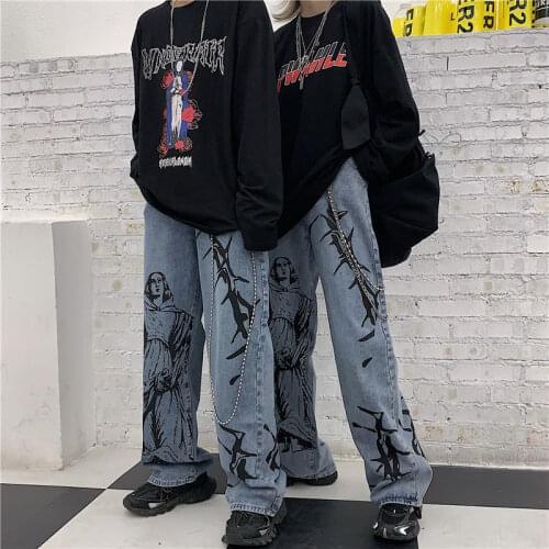 QWEEK Harajuku Women Jeans Pants Streetwear Print Hippie Denim Pants Women Korean Style Wide Leg Pants Vintage Loose Trousers