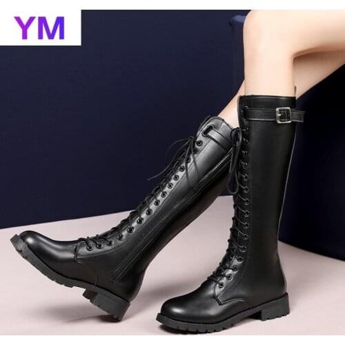 Women Thick Platform Knee-high Boots Autumn Boot Black Lace-up Medium Creepers Shoes Fashion Punk Riding Boots Zipper Round Toe