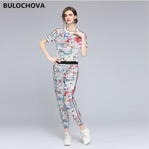 S-4XL 2021 Newest Summer Womens Pants Suits Fashion Casual Print T Shirt Tops + Full Length 2 Piece Sets Sportswear Suit Female