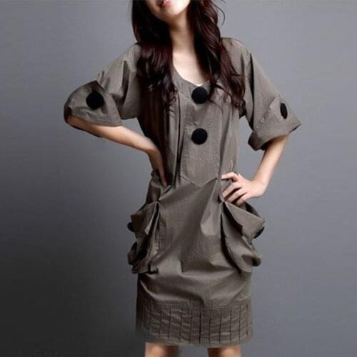 2021 New Summer Plus size 4XL Womens Dress Korean Slim V-neck Pocket Dress Solid Loose Casual Female Dresses Personality Design
