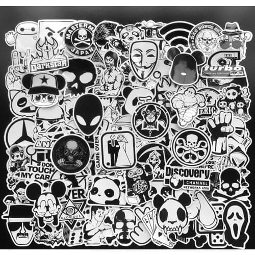 100Pcs Random Black and White Sticker Graffiti Punk JDM Cool Stickers for Kids Sticker on Laptop Skateboard Suitcase Bike Helmet