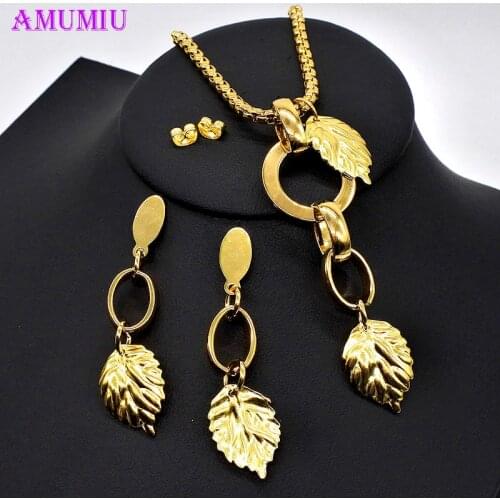 AMUMIU Jewelry Sets Leaves Wedding African Beads Jewelry Set for Women Gold Color Dubai Indian Bridal Jewelry Set JS072
