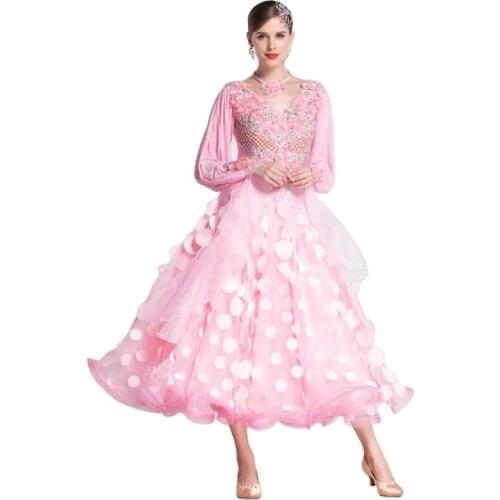 B-18442 Pink Netting Flower Fabric Ballroom Smooth Competition Dance Dress High Quality Modern Ballroom Dance Dress For Sale