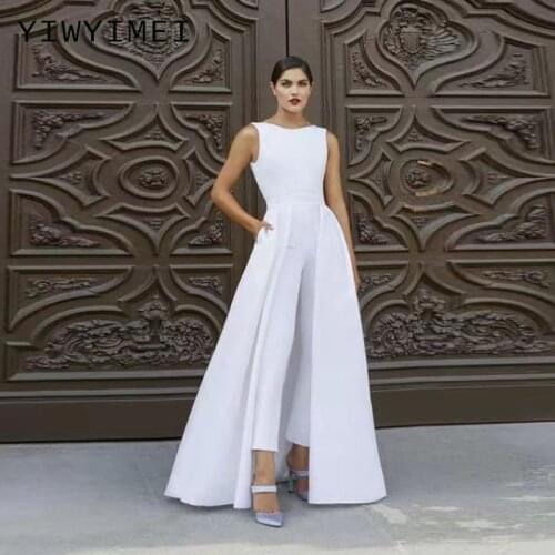 2021 White Jumpsuit Wedding Dresses with Train Pockets A-Line high waist Bridal Gowns Floor Length Hard vestido