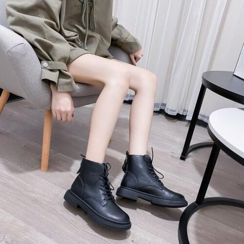 Black boots British Style short boots autumn/winter womens shoes with velvet leather cowhide lift double zipper platform boots