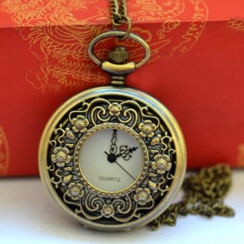 Classical Retro Design Hollow Perspective Design Openwork Flower Bronze Pocket Watch with Necklace