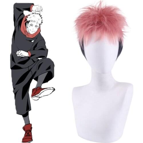 Anime Jujutsu Kaisen Cosplay Itadori Yuji Wig Halloween Costumes Wigs Pink Black Short Heat Resistant Synthetic Hair Role Play