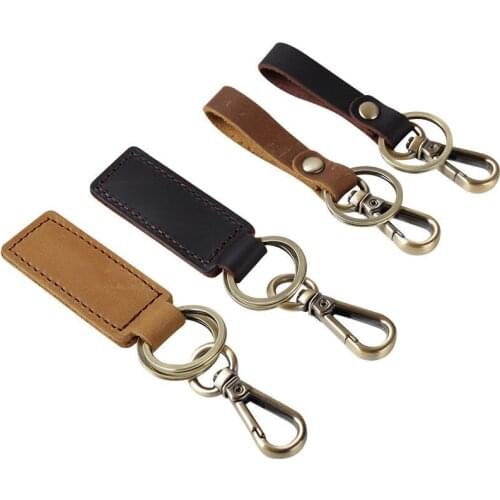 Leather Keyring Retro Vintage Men Car Keychain Pendant Waist Hanging Crazy horse leather Metal Hook Car Key Ring Holder for man