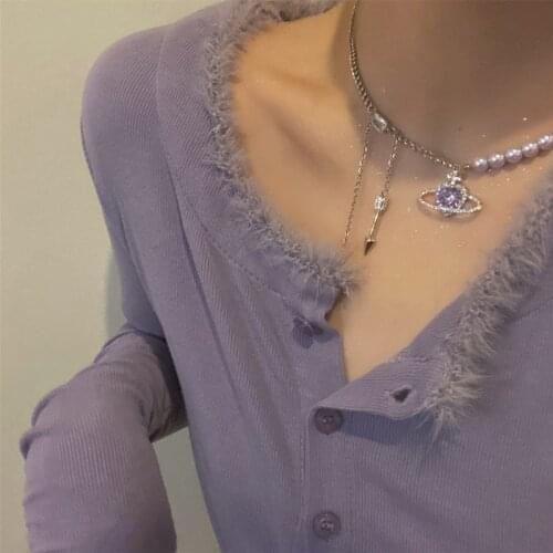 Creative Sweet Cute Purple Planet Love Crystal Necklace Silver Color Womens Pendant Female Jewelry Accessories Gift