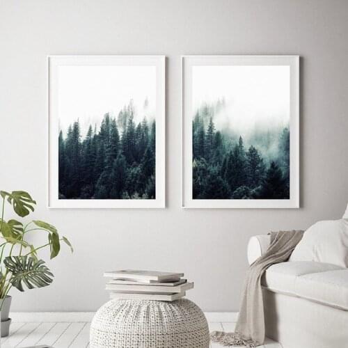 Forest Fog Woodland Canvas Art Prints Scandinavian Poster , Forest Landscape Photography Art Painting Modern Wall Pictures