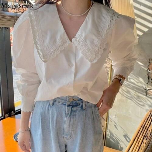 Fashion V-neck Long Sleeve Women Shirts Sweet Lapel Hollow Out Lace Blouse Women Spring Korean Loose Shirt Tops New Blusas 16094