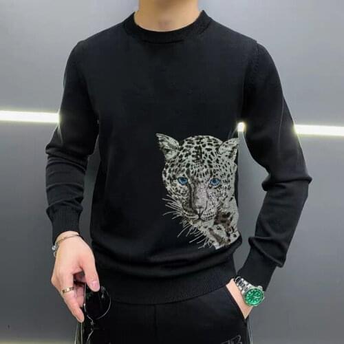 Mens Three-Dimensional Leopard High-Definition Hot Diamond Shiny Sweater Sweatshirt Cashmere Super Handsome Fashion Pullover