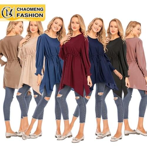 New Arrival High Quality Design Belt Tied Waist Fashion Top Muslim Women Shirt Blouse Simple Style Long Sleeve Tops For Women