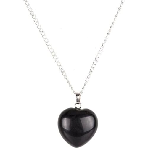 Natural Black Obsidian Heart Pendant Necklace Silver 18inch Link Chain Heart Crystal Healing Stone Chakra Reiki Fashion Jewelry