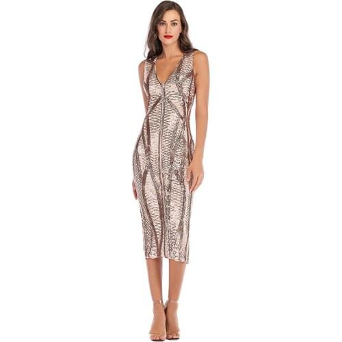 Summer Sexy Deep V-neck Stretch Sequined Sleeveless Dress for Cross-border Womens Elastic Europe and America 2019 Dresses
