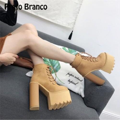 PRETO BRANCO Womens Ankle Boots Thick Super Womens Boots with High-heeled Ankle Boots Platform Lace Up Casual Shoes