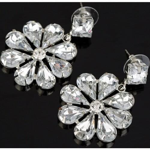 PPG&PGG Hot Sale Fashion Women Clear Crystal Rhinestone Earrings Elegant Personality Statement Large Flower Earrings