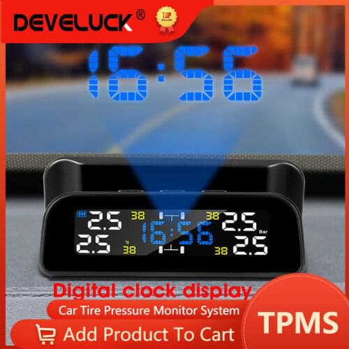 Develuck TPMS Car Tire Pressure Monitor System Automatic Clock Control Solar Power Adjustable LCD screen Display Wireless 4 tire