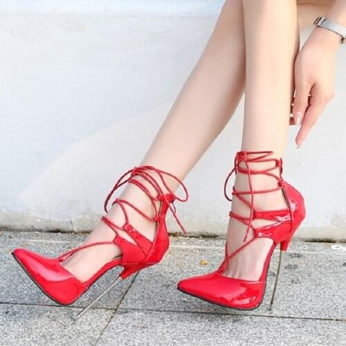 Spring patent leather pointed buckle banquet dress womens single shoe stiletto super high metal heel stage sexy large size shoe