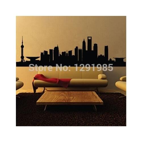 High Quality City Building Home Decor ShangHai China Skyline Landmark Self Adhesive Vinyl Mural Decal