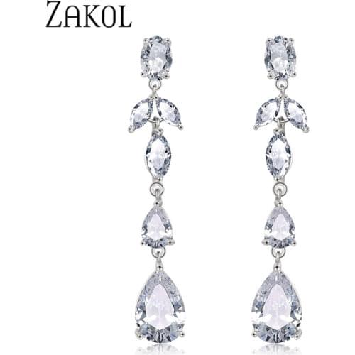 ZAKOL New Water Drop Cubic Zirconia Long Dangle Earrings Bride Jewelry for Women Wedding Dinner Party Birthday Gift FSEP2317