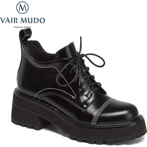VAIR MUDO Women Pumps Shoes Genuine Leather Cross-Tied Black White Lace Up Cross-Tied Round Toe Casual Shoes Low Heels D209L