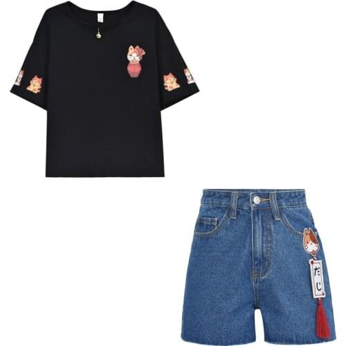 Women Two Piece Set Summer 2021 Short Sleeve Cartoon Print T Shirt And Appliques Hight Waist Mini Hot Denim Shorts Sets Clothes