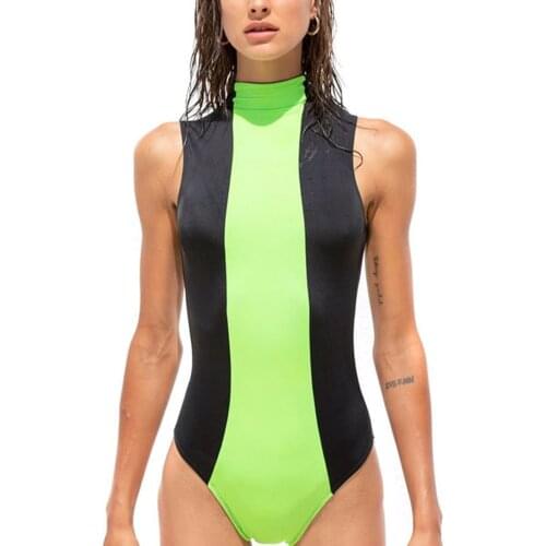 2021 Summer Womens Swimsuit Bodysuit Color Block High Neck Bikini High Waist Sexy Ladies Beachwear Bathing Suit Biquini