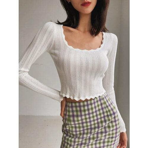 Square Neck Hollow Out Sweater Crop Long Sleeve Cable Knit Sweatshirt Women Scallop Trim Casual Top