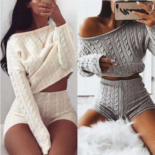 NEW 2020 Knit 2 Piece Set Womens Long Sleeve Crop Tops & Short Pants Sexy Winter Sweater Two Piece Clothing Set