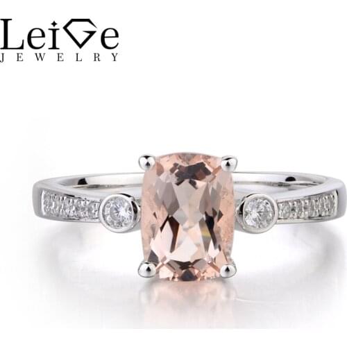 Leige Jewelry Genuine Pink Morganite Ring Cushion Cut Gemstone Wedding Engagement Rings 925 Sterling Silver Ring Gifts for Women