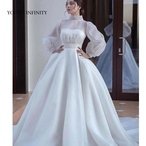 New Arrival High Neck Long Puffy Sleeves Wedding Dress 2022 Bridal Gown Chapel Train Organza White Ivory Custom Made Plus Size