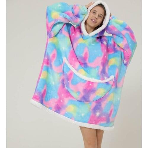 Rainbow Unicorn Kigurumi Winter Warm Oversized Sweatshirts Family Matching Outfits Big Size Hoodie Wearable TV Blanket