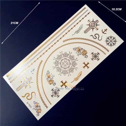1PC Glitter Gold Silver Flash Metallic Temporary Tattoo Men Women Henna MT019 Rose Snake Anchor Chain Waterproof Tattoo Stickers