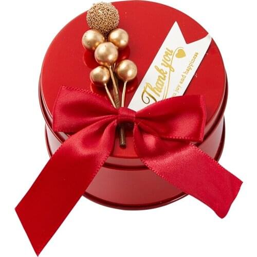 30Pcs / Lot Gold Tin Round Iron Wedding Candy Box Creative Ribbon Bow Chocolate Flower Gift Bag Party Supplies